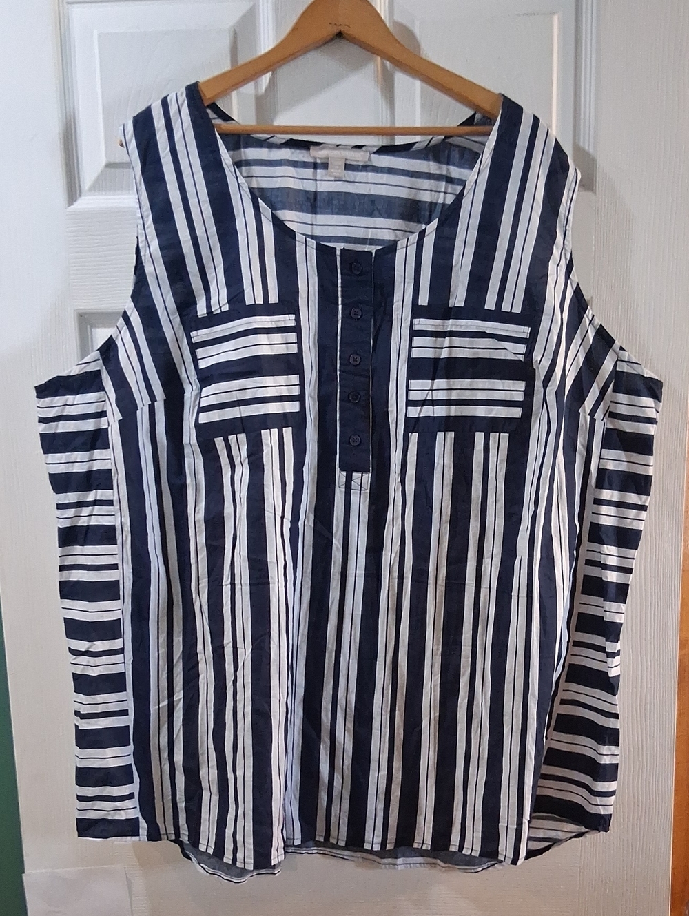 Woman Within Navy & White Striped Cold-Shoulder Tank
